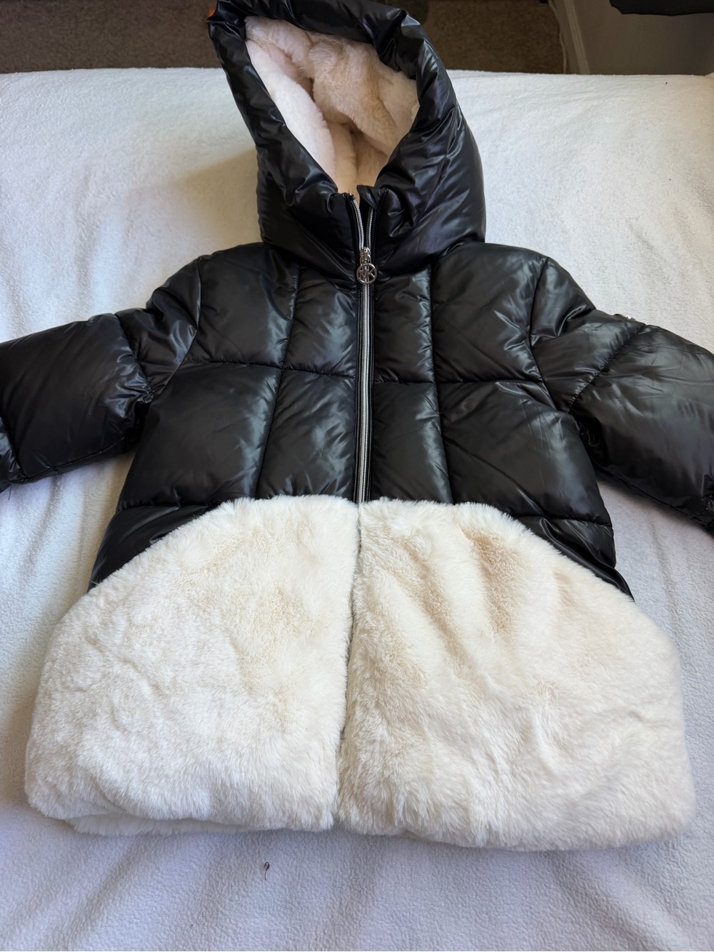 Michael Kors Black Puffer Jacket with Cream Faux Fur Trim